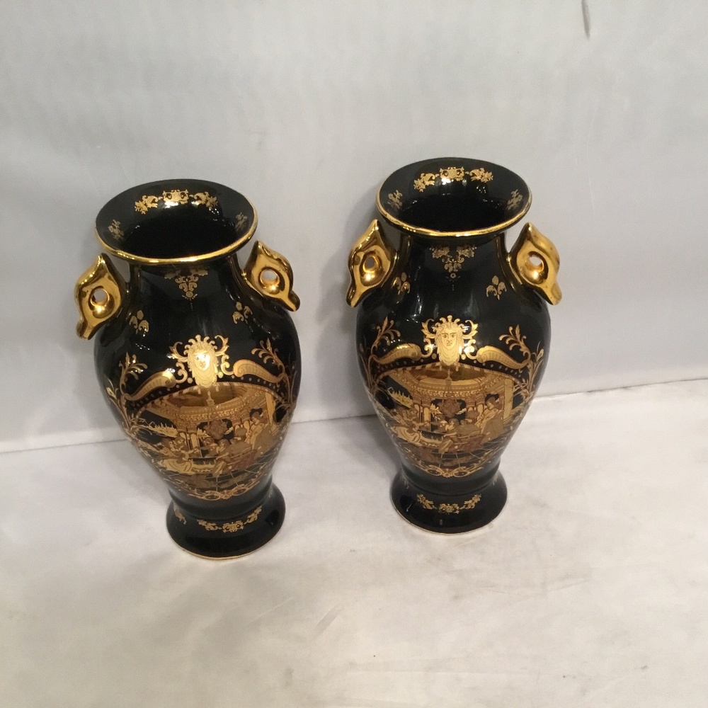 LIMOGE FRANCE SUN GODESS PAIR OF ANTIQUE UNDERGLAZE VASE